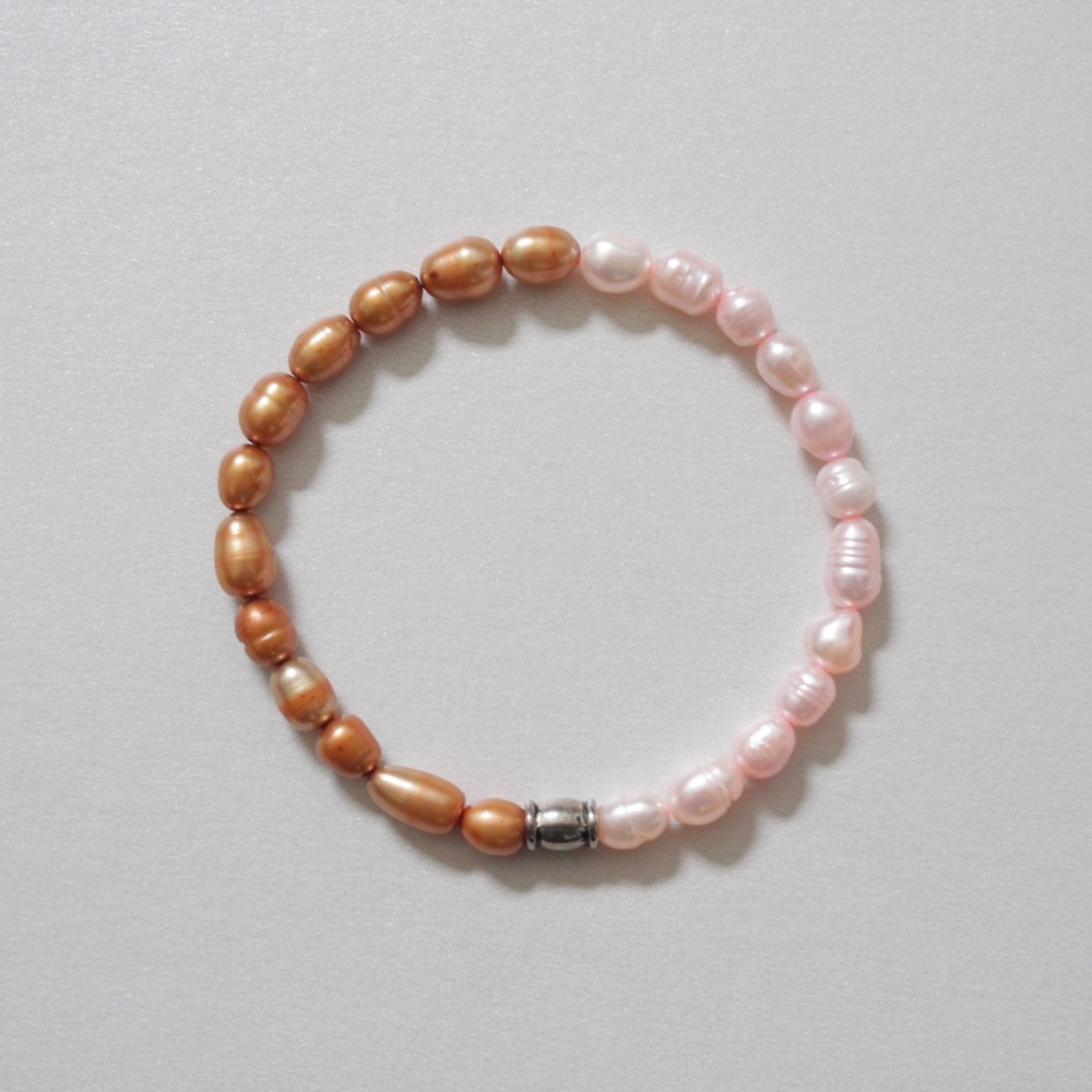 Handmade Women’s Pink and Copper Rice Pearl Beaded Bracelet